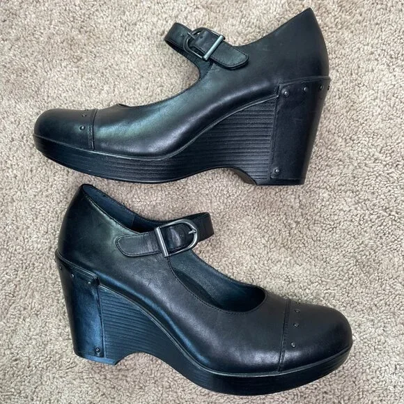 Dansko Shoes Womens 40 Black Fanny Wedge Mary Jane Leather Casual Comfort Heel - Picture 7 of 9